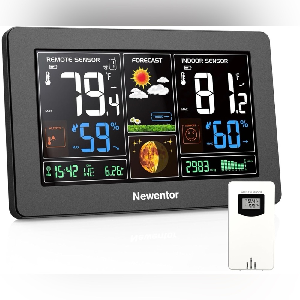 Black Digital Indoor/Outdoor Weather Station with Wireless Sensor